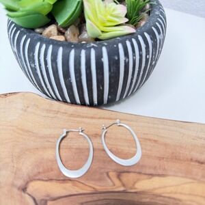 Oval Hoop Earrings Women Silver Tapered Brushed Minimalist Scandi Clean Girl OS
